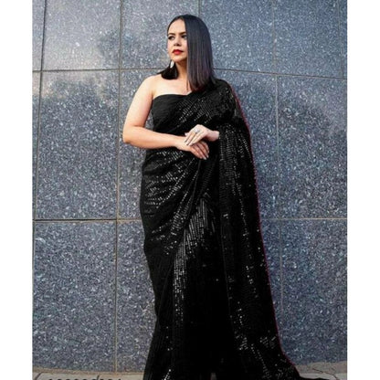 Generic Women's Georgette Embellished Sequnece Bollywood Saree With Unstitched Blouse 5.5Mtr (Black)