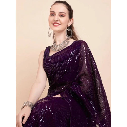 Generic Women's Georgette Embellished Sequnece Bollywood Saree With Unstitched Blouse 5.5Mtr (Purple)