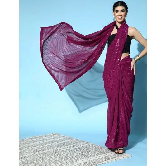Generic Women's Georgette Embellished Sequnece Bollywood Saree With Unstitched Blouse 5.5Mtr (Wine)