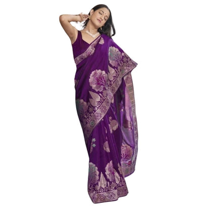 Generic Women's Silk Printed Saree With Unstitched Blouse 5.5Mtr (Purple)