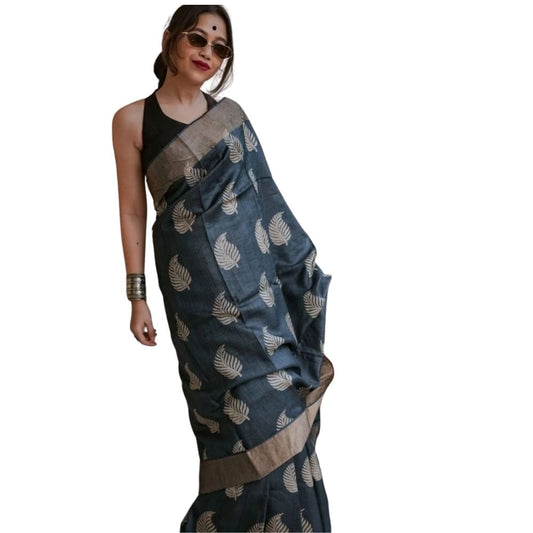 Generic Women's Silk Printed Saree With Unstitched Blouse 5.5Mtr (Black)