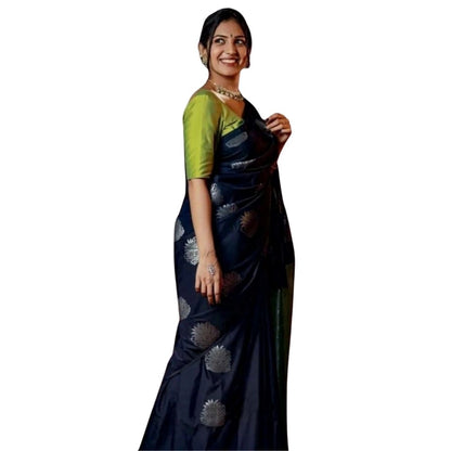 Generic Women's Silk Printed Saree With Unstitched Blouse 5.5Mtr (Navy Blue)