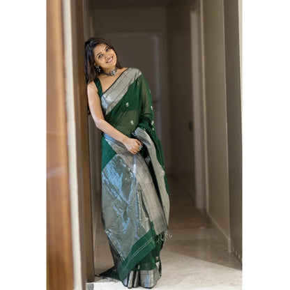 Generic Women's Cotton  Printed Saree With Unstitched Blouse 5.5Mtr (Green)