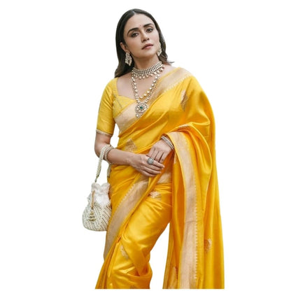 Generic Women's Silk Printed Saree With Unstitched Blouse 5.5Mtr (Yellow)