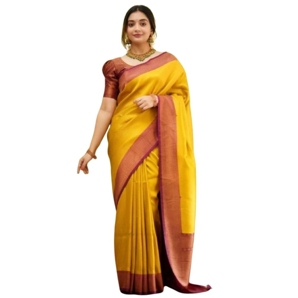 Generic Women's Silk Printed Saree With Unstitched Blouse 5.5Mtr (Yellow)