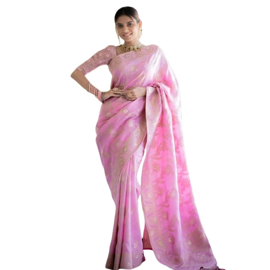 Generic Women's Silk Printed Saree With Unstitched Blouse 5.5Mtr (Pink)