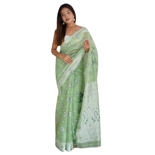 Generic Women's Cotton  Printed Saree With Unstitched Blouse 5.5Mtr (Pista)