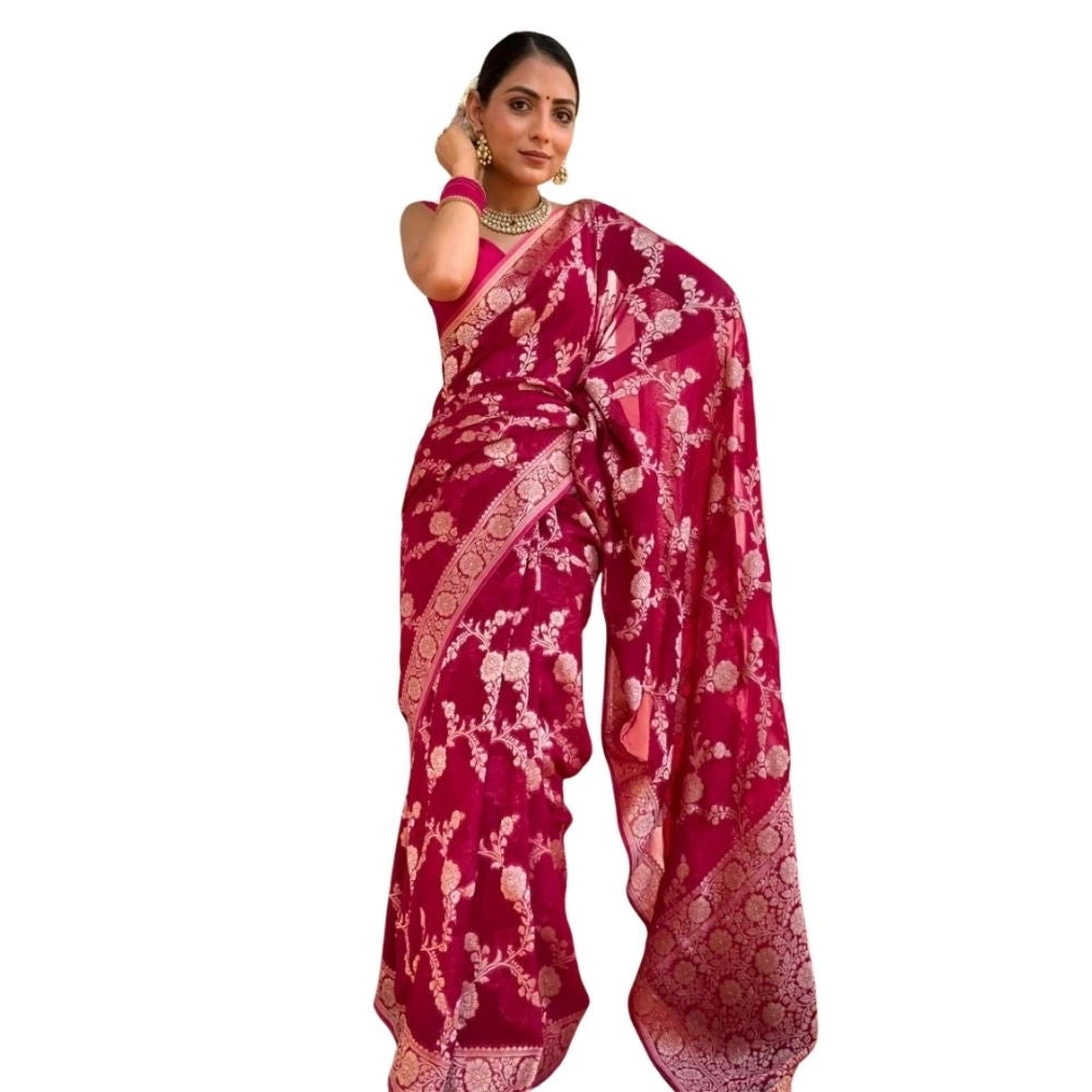 Generic Women's Silk Printed Saree With Unstitched Blouse 5.5Mtr (Pink)