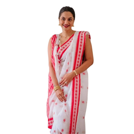 Generic Women's Cotton  Printed Saree With Unstitched Blouse 5.5Mtr (White-Pink)
