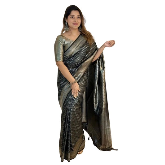 Generic Women's Silk Printed Saree With Unstitched Blouse 5.5Mtr (Black)