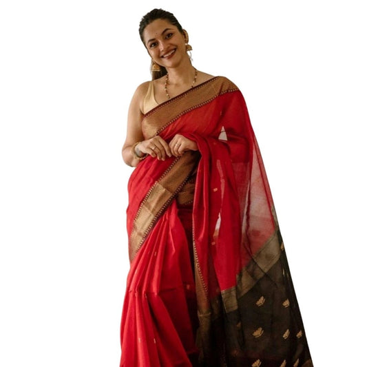 Generic Women's Cotton  Printed Saree With Unstitched Blouse 5.5Mtr (Red)