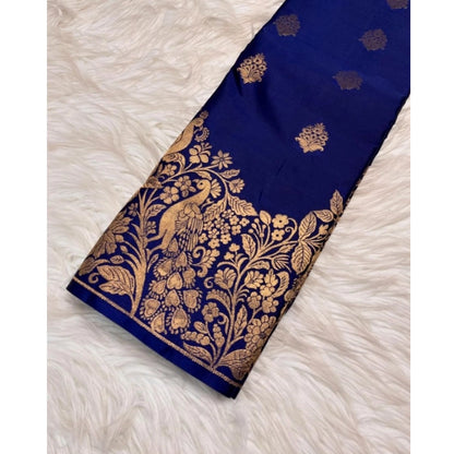 Generic Women's Silk Printed Saree With Unstitched Blouse 5.5Mtr (Royal Blue)