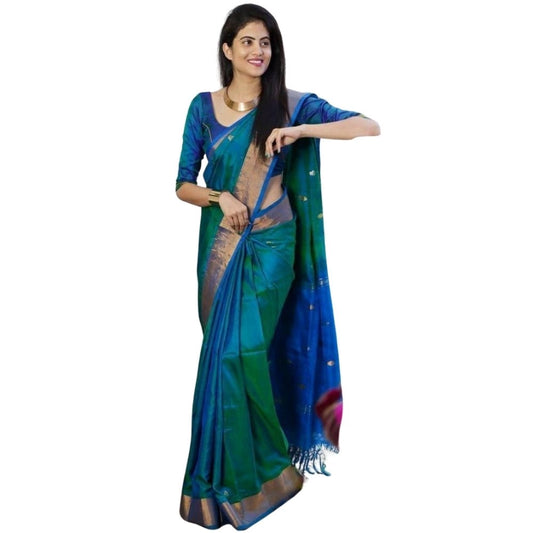 Generic Women's Silk Printed Saree With Unstitched Blouse 5.5Mtr (Blue)