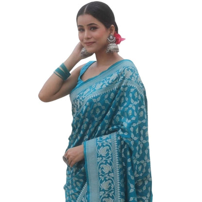 Generic Women's Silk Printed Saree With Unstitched Blouse 5.5Mtr (Sky Blue)