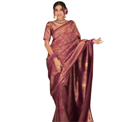 Generic Women's Silk Printed Saree With Unstitched Blouse 5.5Mtr (Wine)