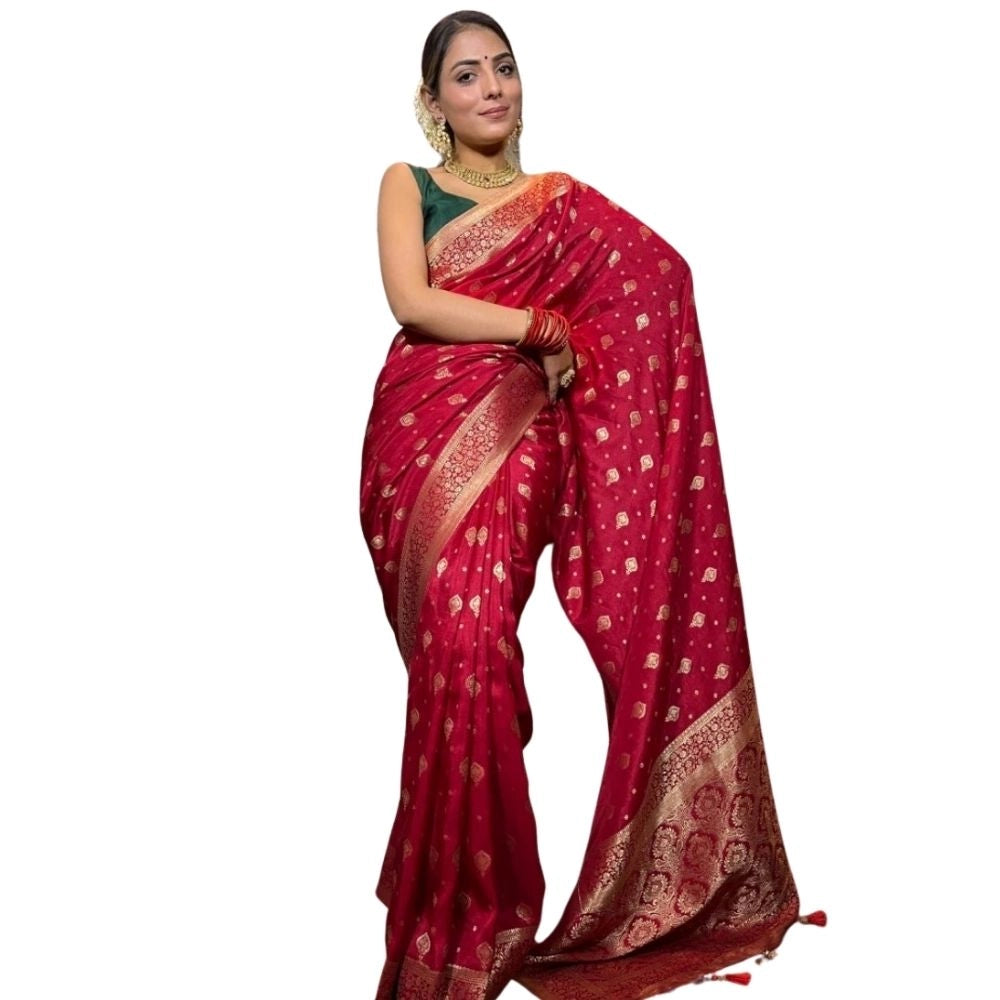 Generic Women's Silk Printed Saree With Unstitched Blouse 5.5Mtr (Red)