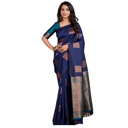 Generic Women's Silk Printed Saree With Unstitched Blouse 5.5Mtr (Navy Blue)