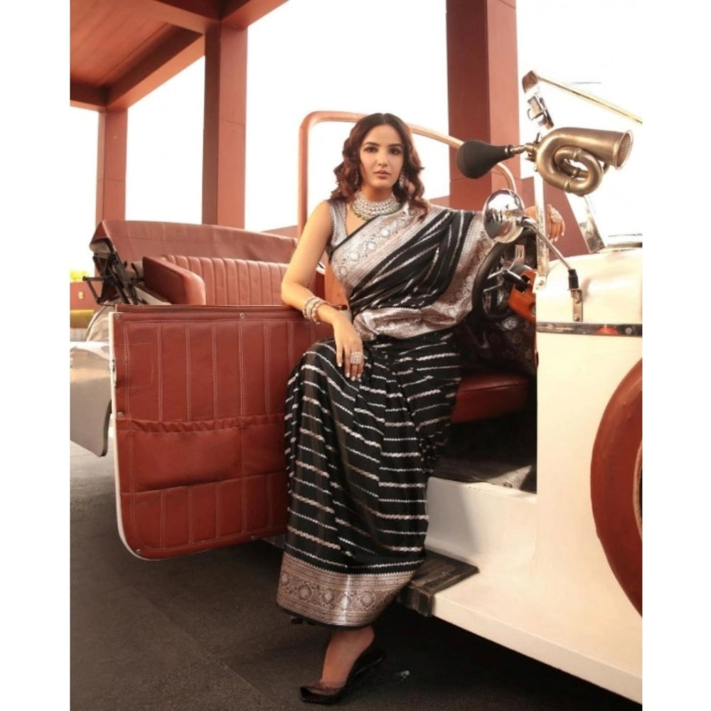 Generic Women's Silk Printed Saree With Unstitched Blouse 5.5Mtr (Black)