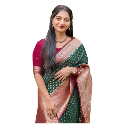 Generic Women's Silk Printed Saree With Unstitched Blouse 5.5Mtr (Green-Red)
