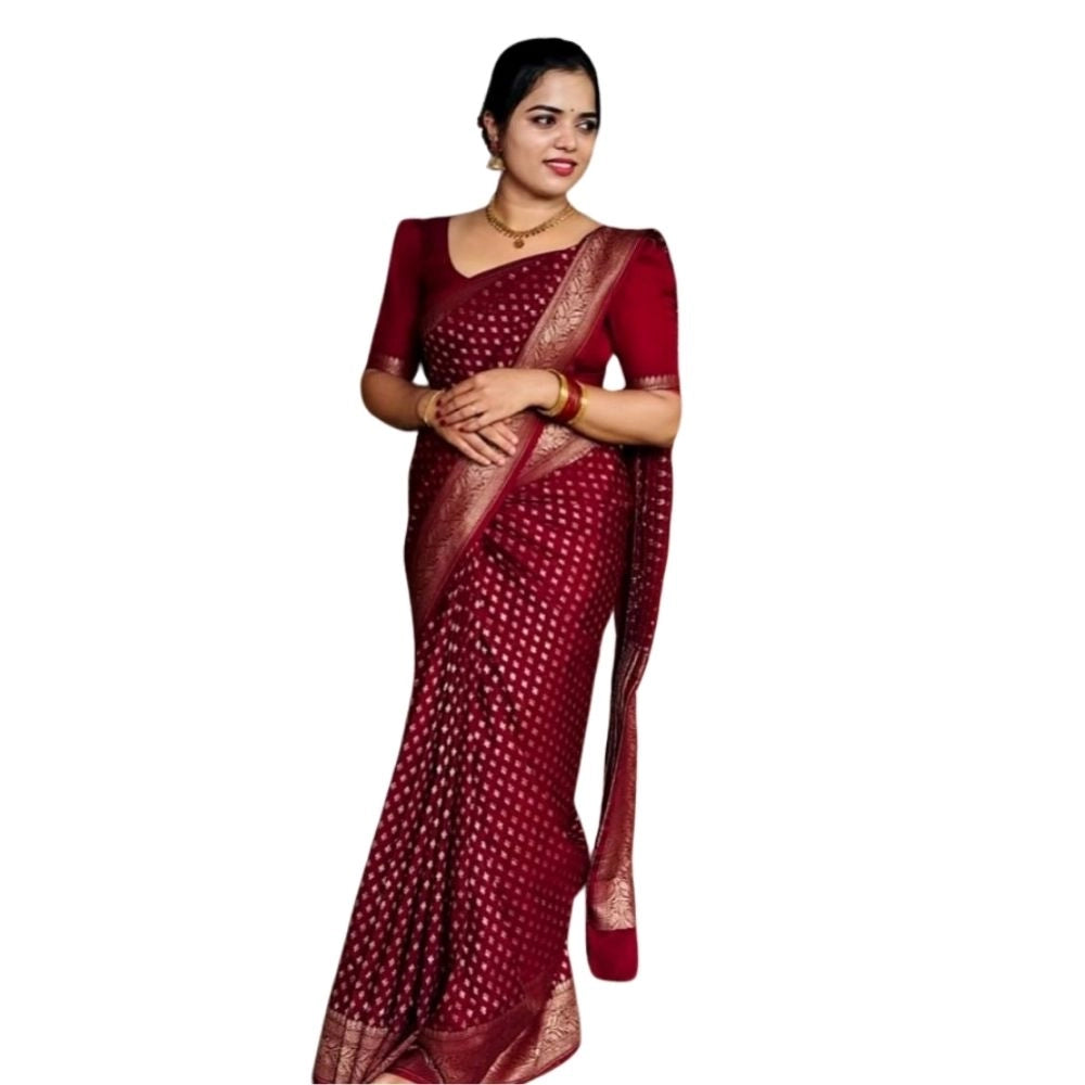 Generic Women's Silk Printed Saree With Unstitched Blouse 5.5Mtr (Maroon)
