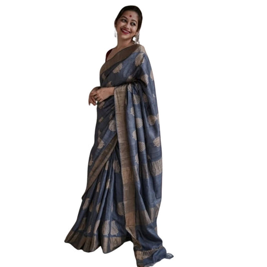 Generic Women's Silk Printed Saree With Unstitched Blouse 5.5Mtr (Grey)