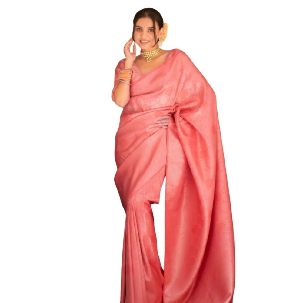 Generic Women's Silk Printed Saree With Unstitched Blouse 5.5Mtr (Pink)