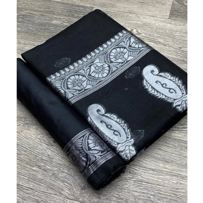 Generic Women's Cotton  Printed Saree With Unstitched Blouse 5.5Mtr (Black)