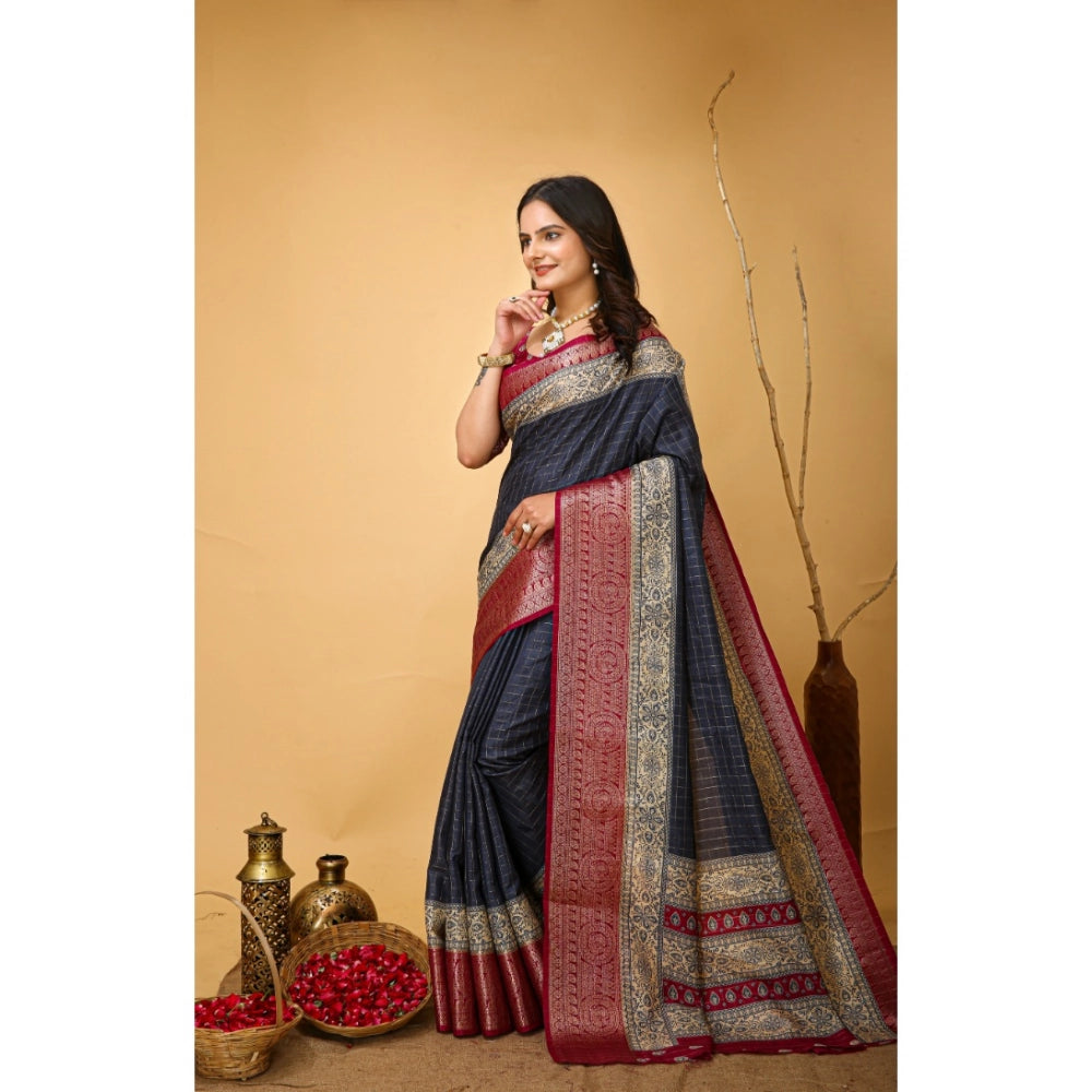 Generic Women's Soft Dola Cotton Kalamkari Printed Saree With Unstitched Blouse 5.5Mtr (Grey)