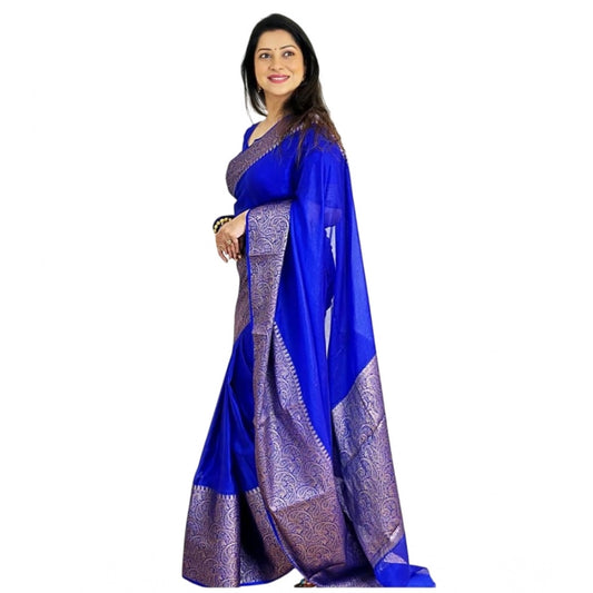 Generic Women's Soft Lichi Silk Solid Saree With Unstitched Blouse 5.5Mtr (Blue)