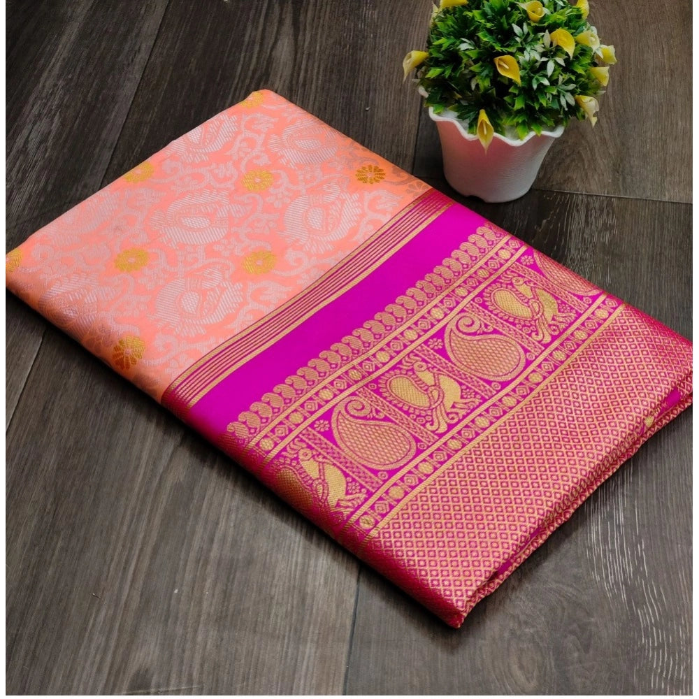 Generic Women's Soft Lichi Silk Printed Saree With Unstitched Blouse 5.5Mtr (Pink)