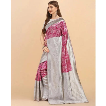 Generic Women's Soft Lichi Silk Printed Saree With Unstitched Blouse 5.5Mtr (Pink)