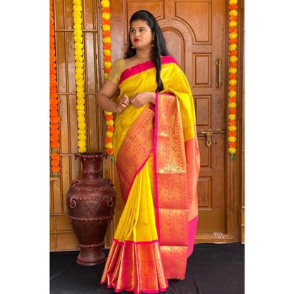 Generic Women's Soft Lichi Silk Printed Saree With Unstitched Blouse 5.5Mtr (Yellow)