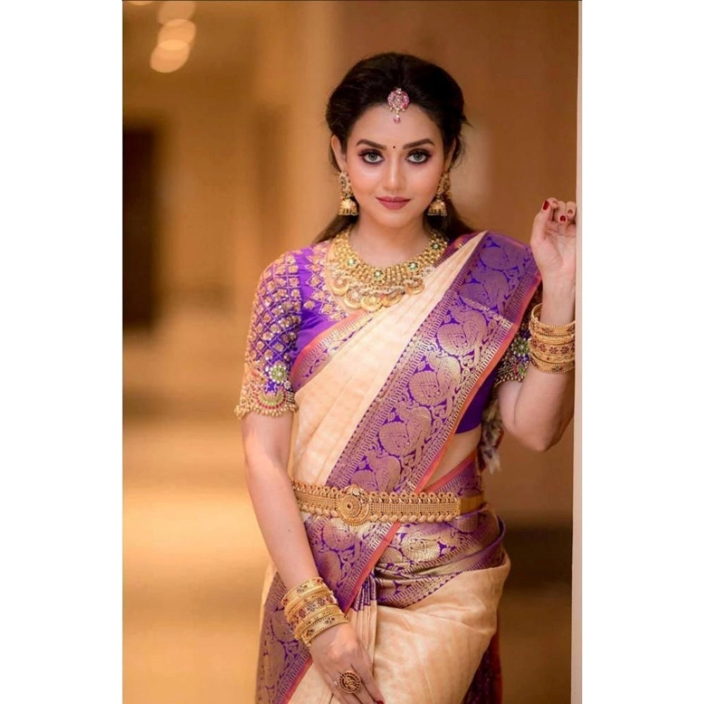 Generic Women's Soft Lichi Silk Printed Saree With Unstitched Blouse 5.5Mtr (Purple)
