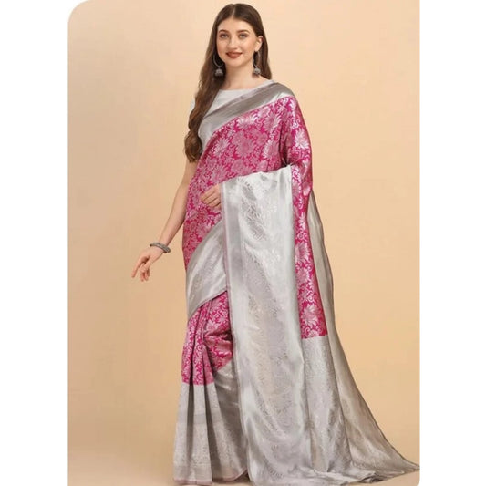 Generic Women's Soft Lichi Silk Printed Saree With Unstitched Blouse 5.5Mtr (Pink)