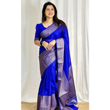 Generic Women's Soft Lichi Silk Solid Saree With Unstitched Blouse 5.5Mtr (Blue)
