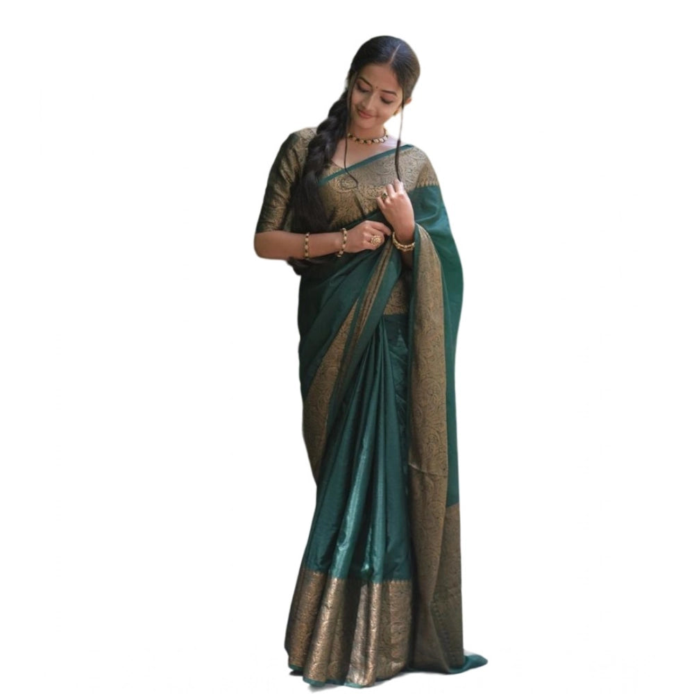 Generic Women's Soft Lichi Silk Solid Saree With Unstitched Blouse 5.5Mtr (Green)