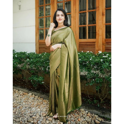 Generic Women's Soft Lichi Silk Printed Saree With Unstitched Blouse 5.5Mtr (Green)
