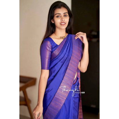Generic Women's Soft Lichi Silk Solid Saree With Unstitched Blouse 5.5Mtr (Blue)