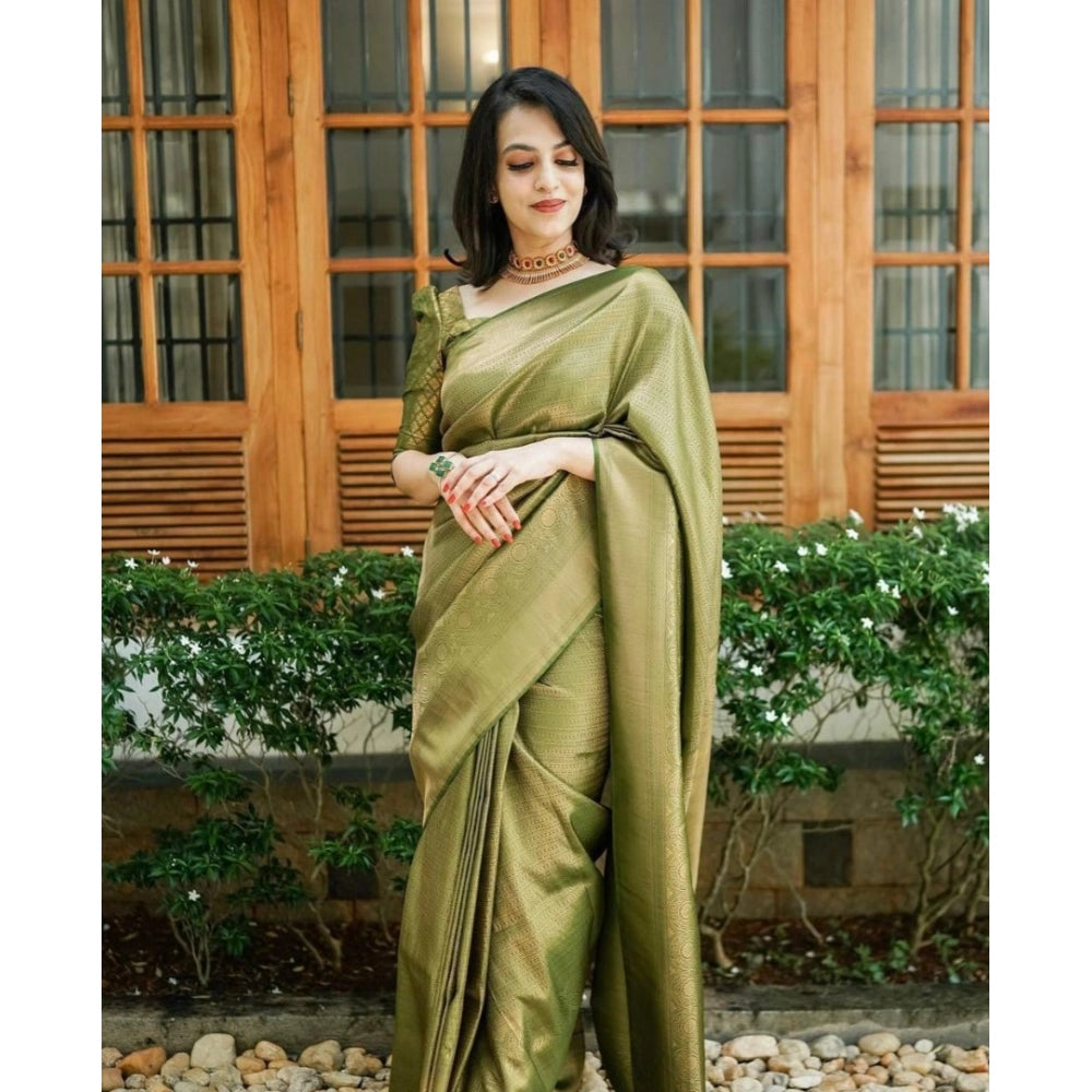 Generic Women's Soft Lichi Silk Printed Saree With Unstitched Blouse 5.5Mtr (Green)
