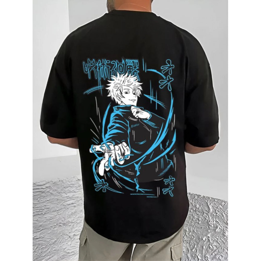 Generic Men's Casual Cotton Blend Printed Round Neck Half Sleeve T-Shirt (Black)