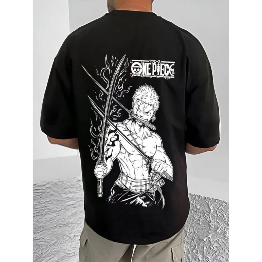 Generic Men's Casual Cotton Blend Printed Round Neck Half Sleeve T-Shirt (Black)