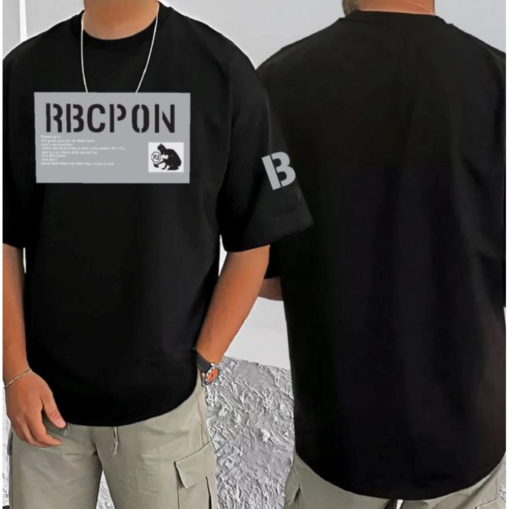 Generic Men's Casual Cotton Blend Printed Round Neck Half Sleeve T-Shirt (Black)