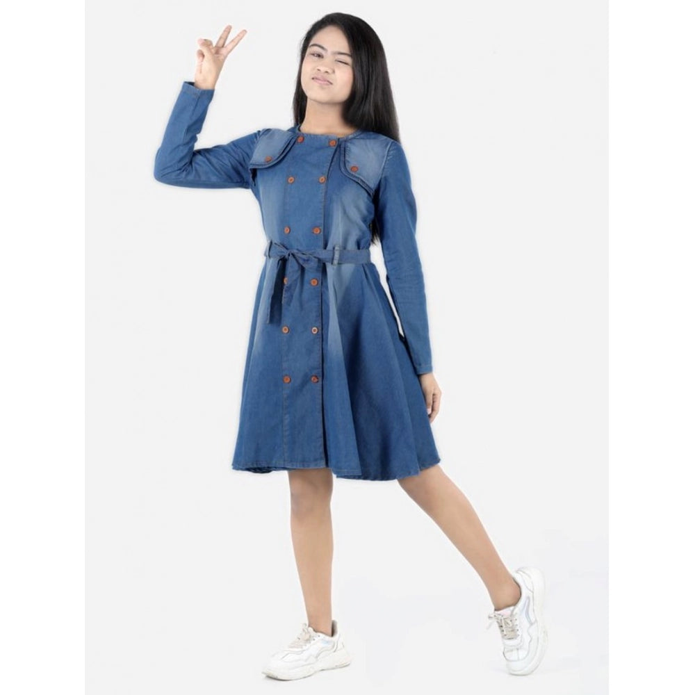 Generic Girl's Denim Solid Long Sleeve Round Neck Dress (Blue)