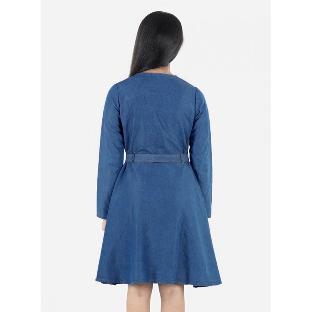 Generic Girl's Denim Solid Long Sleeve Round Neck Dress (Blue)