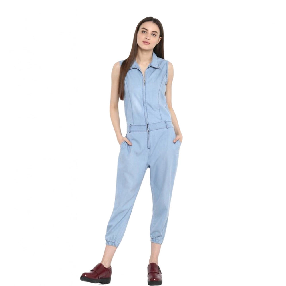 Generic Women's Denim Solid Sleeveless Jumpsuit (Blue)