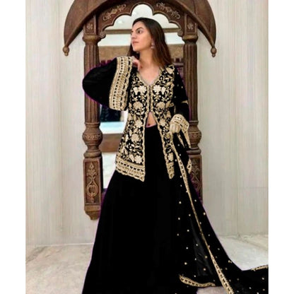 Generic Women's Georgette Embroidery 3-4th Sleeve V-Neck Kurti, Palazzo And Dupatta Set (Black)