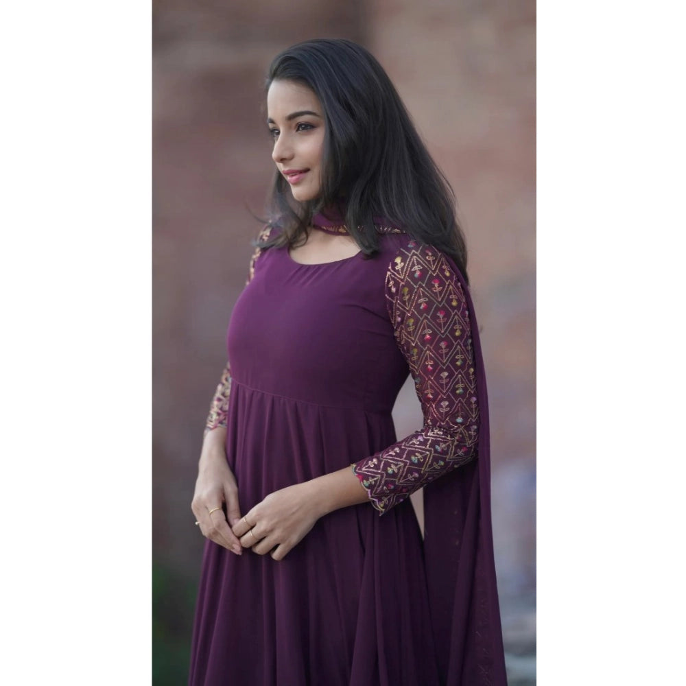 Generic Women's Georgette Embroidery 3-4th Sleeve Round Neck Kurti with Dupatta Set (Wine)