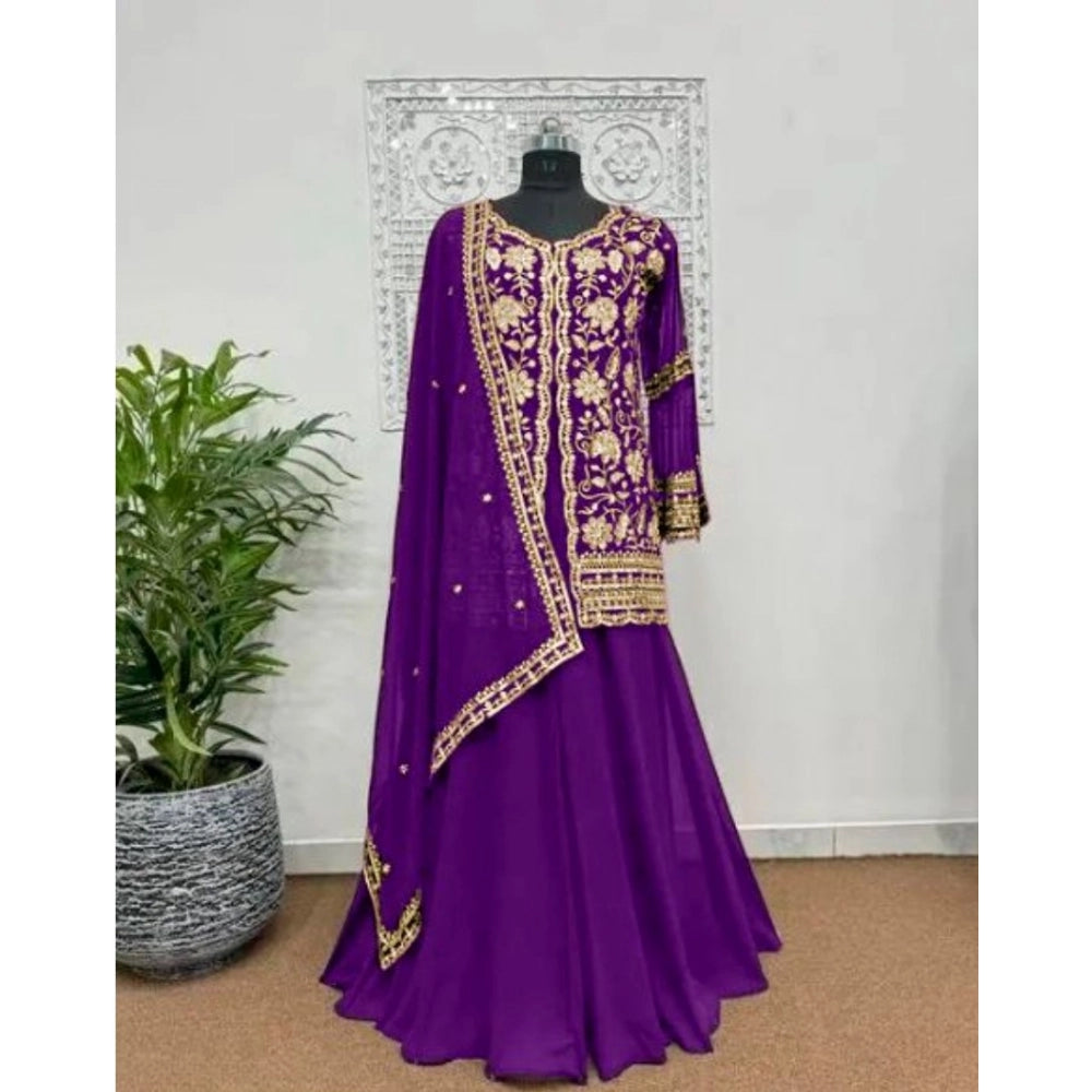 Generic Women's Georgette Embroidery 3-4th Sleeve V-Neck Kurti, Palazzo And Dupatta Set (Purple)