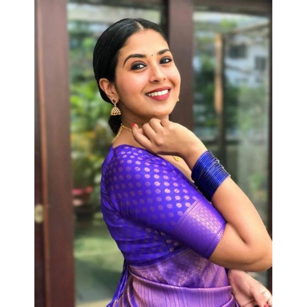 Generic Women's Litchi silk Printed Saree With Unstitched Blouse (Purple)