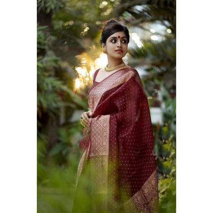 Generic Women's Litchi silk Printed Saree With Unstitched Blouse (Maroon)